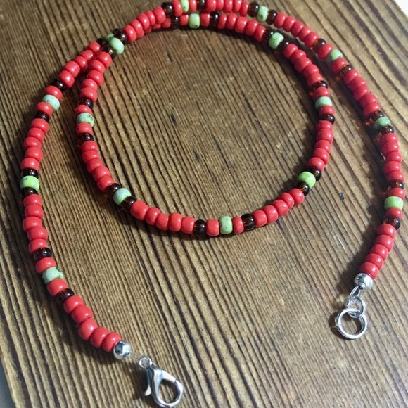 Hand Crafted Other - Men's Necklace, 18 Inches Long, Red Beaded and Brown/Handmade Men's Necklace
